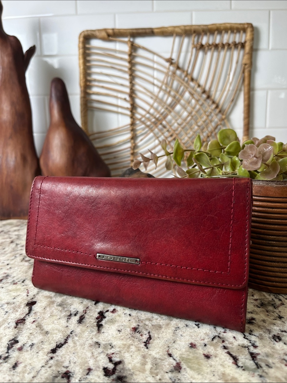 Vintage Y2K Fossil Deep Red Leather Foldover Wallet with Metal Logo